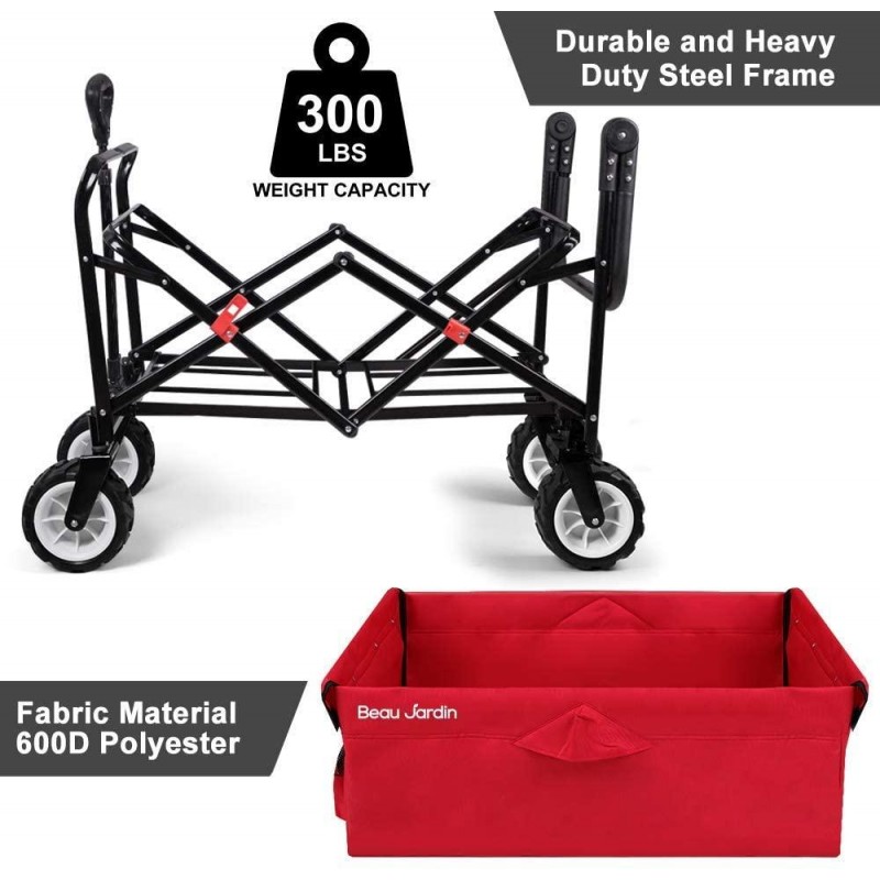 BEAU JARDIN Folding Push Pull Beach Wagon Collapsible Cart 300 Pound Capacity Utility Camping Grocery Canvas Portable Buggies Outdoor Garden Sport Heavy Duty Shopping Wide All Terrain Wheel BG229