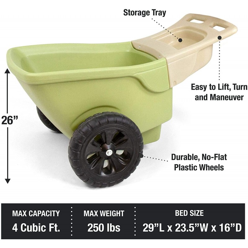 Simplay3 Easy Haul Plastic Wheelbarrow w/Garden Tool Storage Tray, 4 Cubic ft. Capacity, 2 Wheels - Green