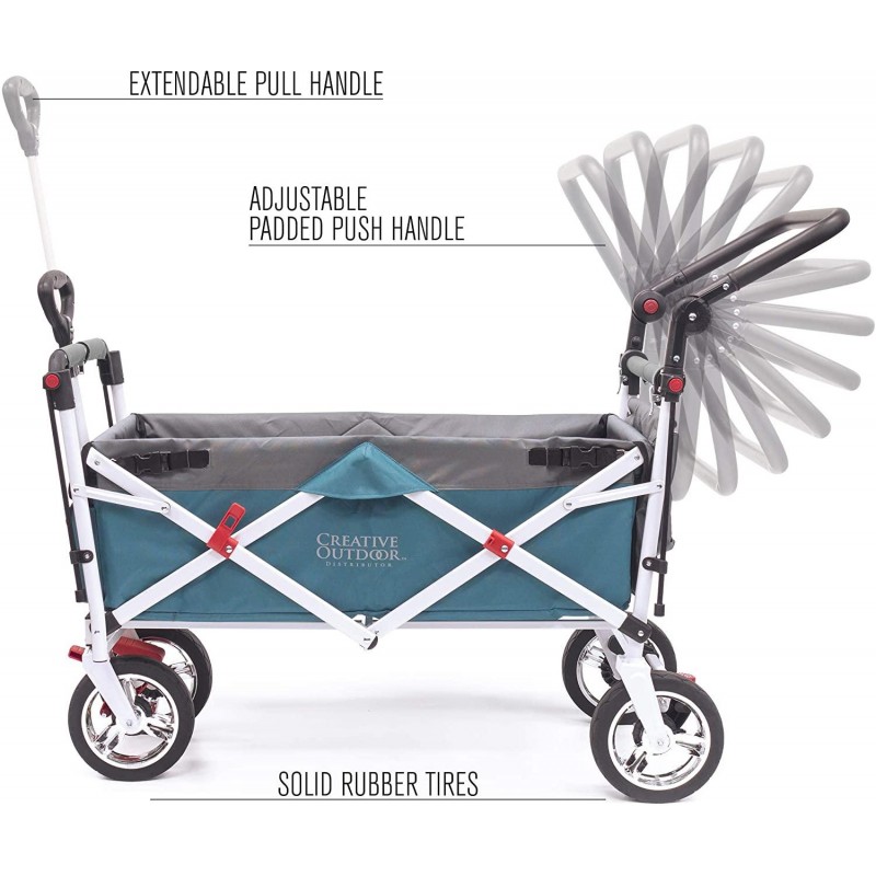 Creative Outdoor Push Pull Collapsible Folding Wagon Cart | Silver Series | Beach Park Garden & Tailgate | Teal