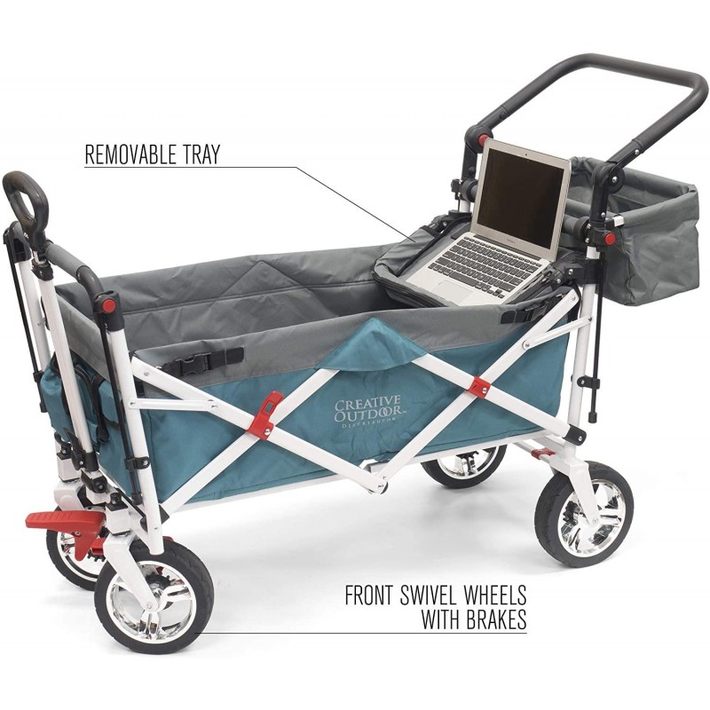 Creative Outdoor Push Pull Collapsible Folding Wagon Cart | Silver Series | Beach Park Garden & Tailgate | Teal