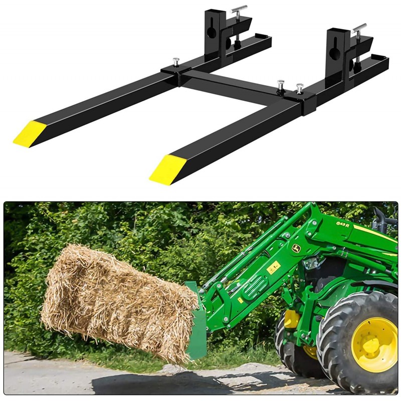 FIRSTGO-TECH 60'' Clamp on Pallet Forks 4000lbs Heavy Duty Front Loader Pallet Forks with 24.8'' to 40.2'' W Adjustable Stabilizer, Fork Attachment for Skid Steer,Loader Bucket