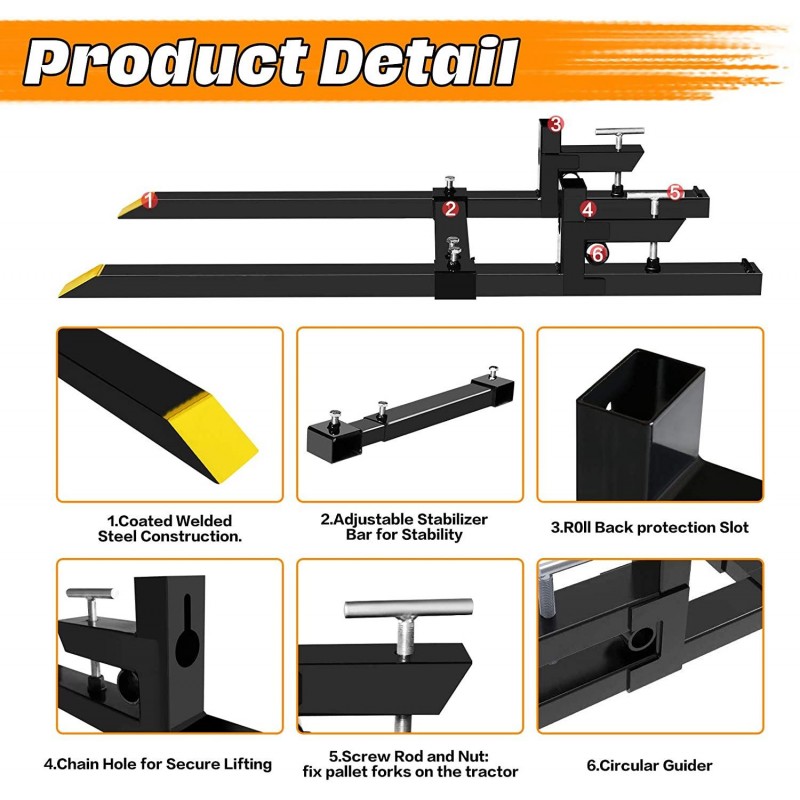 FIRSTGO-TECH 60'' Clamp on Pallet Forks 4000lbs Heavy Duty Front Loader Pallet Forks with 24.8'' to 40.2'' W Adjustable Stabilizer, Fork Attachment for Skid Steer,Loader Bucket