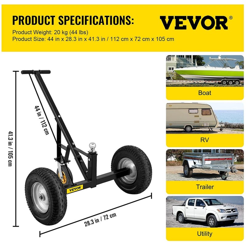 VEVOR Adjustable Trailer Dolly, 800 Lbs Capacity Trailer Mover Dolly, 15.7