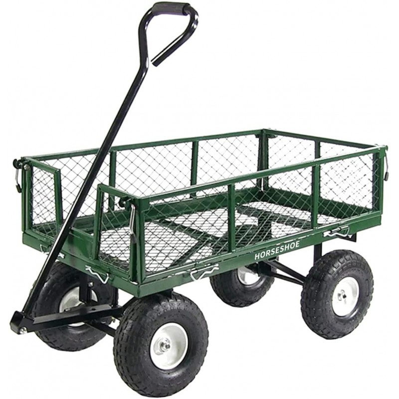 HORSESHOE Heavy Duty Max. Load 880LBS Capacity Mesh Steel Garden Cart, Utility Wagon w/Removable Sides and installed 4.10/3.50-4 Flat Free Tire on Wheels (GREEN)