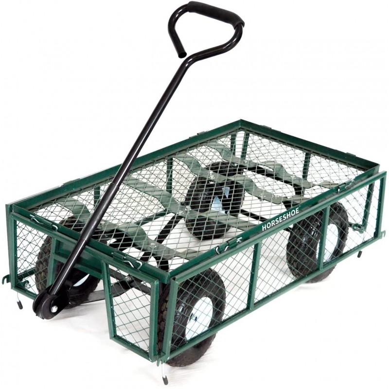 HORSESHOE Heavy Duty Max. Load 880LBS Capacity Mesh Steel Garden Cart, Utility Wagon w/Removable Sides and installed 4.10/3.50-4 Flat Free Tire on Wheels (GREEN)