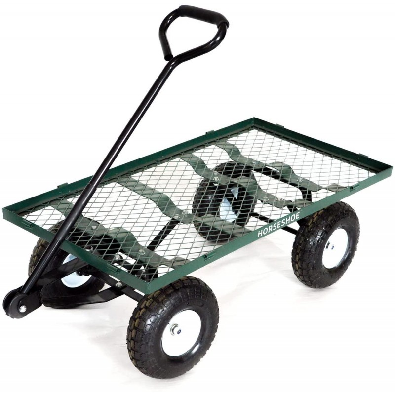 HORSESHOE Heavy Duty Max. Load 880LBS Capacity Mesh Steel Garden Cart, Utility Wagon w/Removable Sides and installed 4.10/3.50-4 Flat Free Tire on Wheels (GREEN)