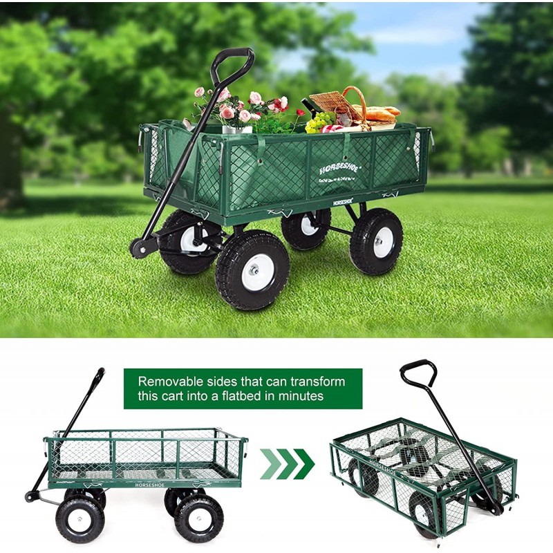 HORSESHOE Heavy Duty Max. Load 880LBS Capacity Mesh Steel Garden Cart, Utility Wagon w/Removable Sides and installed 4.10/3.50-4 Flat Free Tire on Wheels (GREEN)