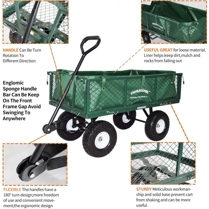 HORSESHOE Heavy Duty Max. Load 880LBS Capacity Mesh Steel Garden Cart, Utility Wagon w/Removable Sides and installed 4.10/3.50-4 Flat Free Tire on Wheels (GREEN)