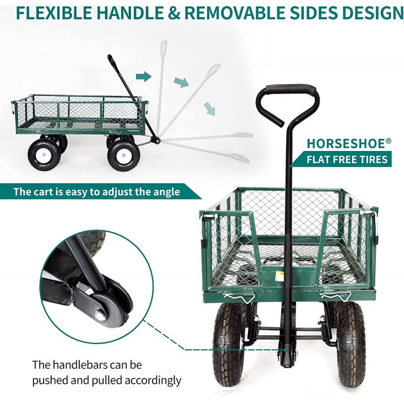 HORSESHOE Heavy Duty Max. Load 880LBS Capacity Mesh Steel Garden Cart, Utility Wagon w/Removable Sides and installed 4.10/3.50-4 Flat Free Tire on Wheels (GREEN)