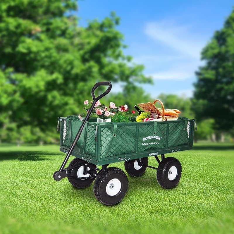 HORSESHOE Heavy Duty Max. Load 880LBS Capacity Mesh Steel Garden Cart, Utility Wagon w/Removable Sides and installed 4.10/3.50-4 Flat Free Tire on Wheels (GREEN)