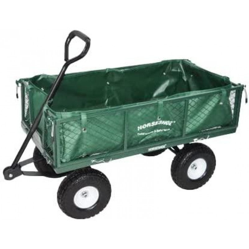 HORSESHOE Heavy Duty Max. Load 880LBS Capacity Mesh Steel Garden Cart, Utility Wagon w/Removable Sides and installed 4.10/3.50-4 Flat Free Tire on Wheels (GREEN)