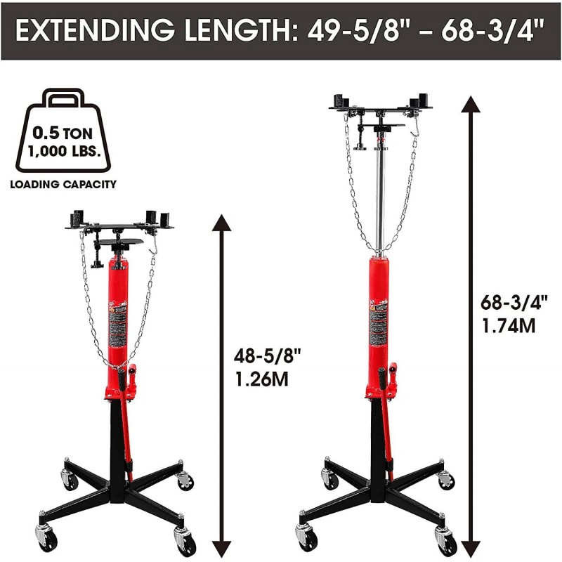 BIG RED TR4053 Torin Hydraulic Garage/Shop Telescoping Transmission Floor Jack: 1/2 Ton (1,000 lb) Capacity, Red