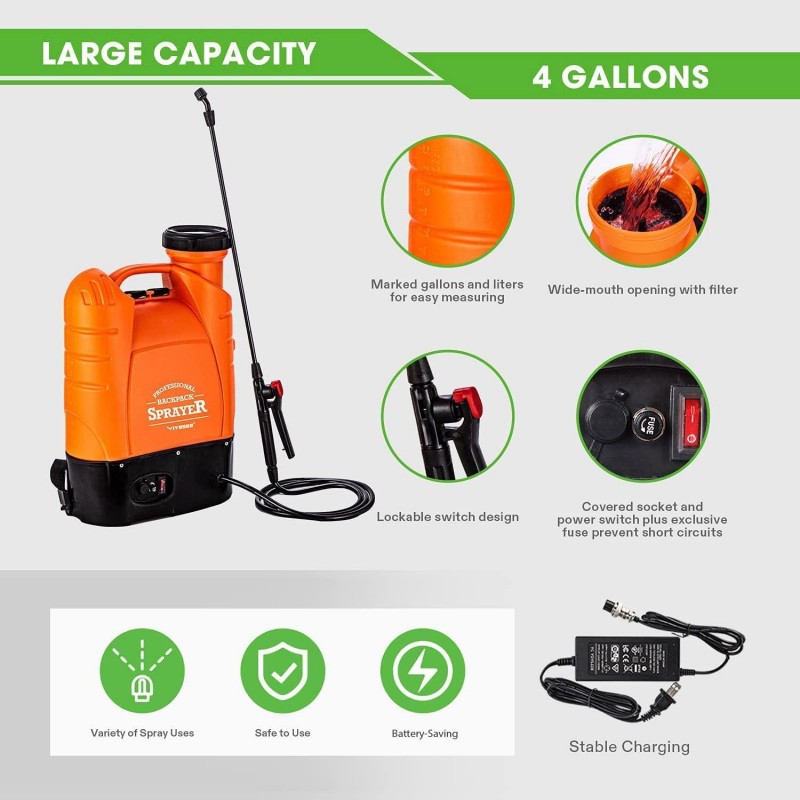 VIVOSUN 4 Gallon Battery Powered Backpack Sprayer Electric Pump Sprayer with Four Nozzles for Garden Lawn, Orange