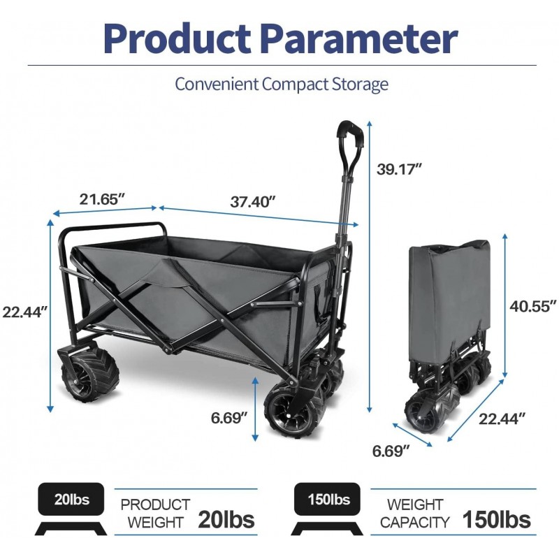 Patio Watcher Collapsible Folding Utility Wagon Cart Outdoor Garden Wagon Beach Cart Camping Shopping Sports Portable Wagon with All Terrain Wheels Large Capacity Heavy Duty, Gray