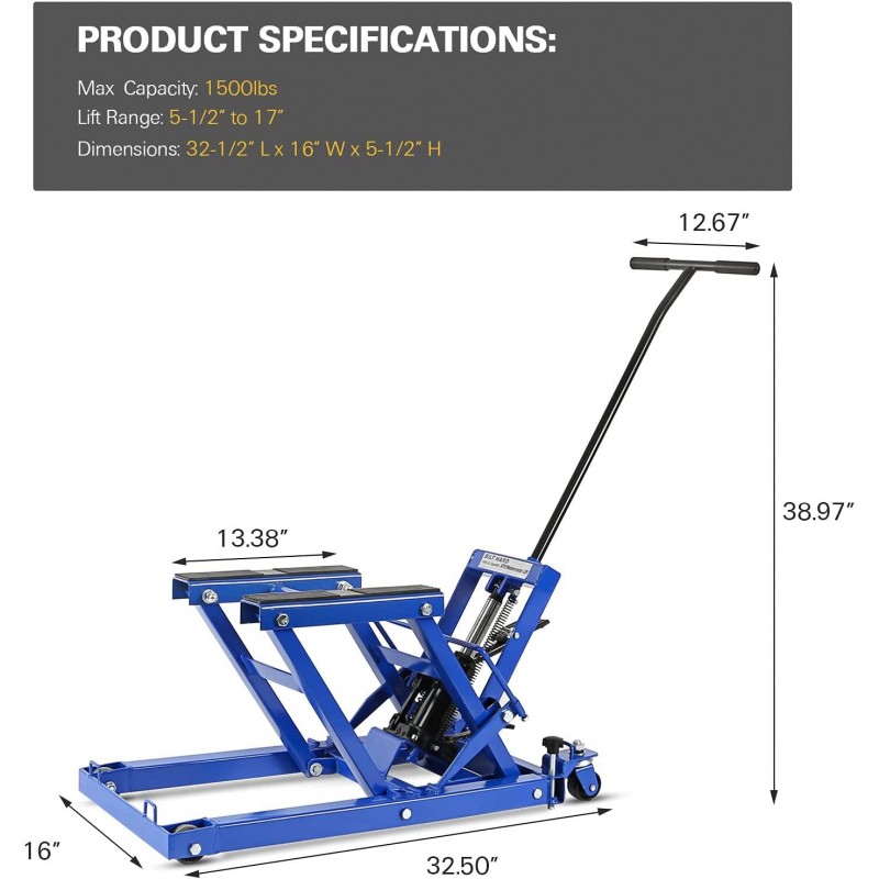 BILT HARD Motorcycle Lift, Heavy Duty Low Profile Hydraulic ATV Lifts, 1500 lb. Capacity, Steel