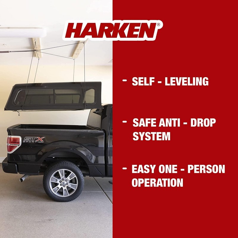 HARKEN - Truck Cap Overhead Garage Storage Hoist, Self-Leveling, Safe Anti-Drop System, Easy One-Person Operation, Smart Garage Organization