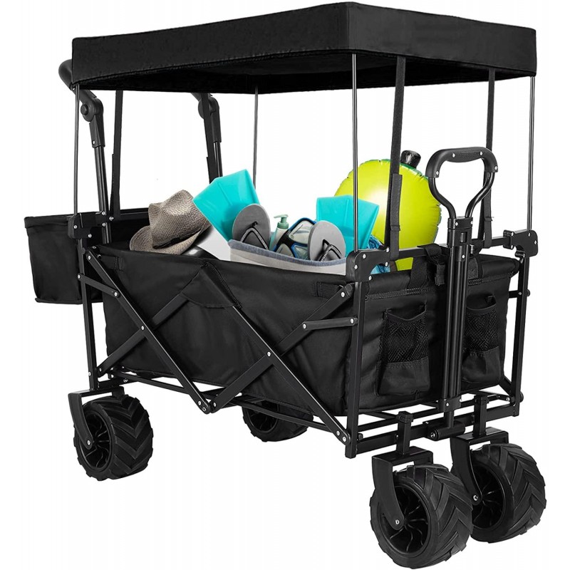 AthLike Collapsible Wagon Folding Garden Cart w/Removable Canopy, Heavy Duty Extra Large Portable Camping Beach Utilit Cart w/Adjustable Push Pull Handle, 7