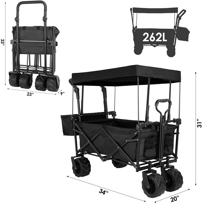 AthLike Collapsible Wagon Folding Garden Cart w/Removable Canopy, Heavy Duty Extra Large Portable Camping Beach Utilit Cart w/Adjustable Push Pull Handle, 7