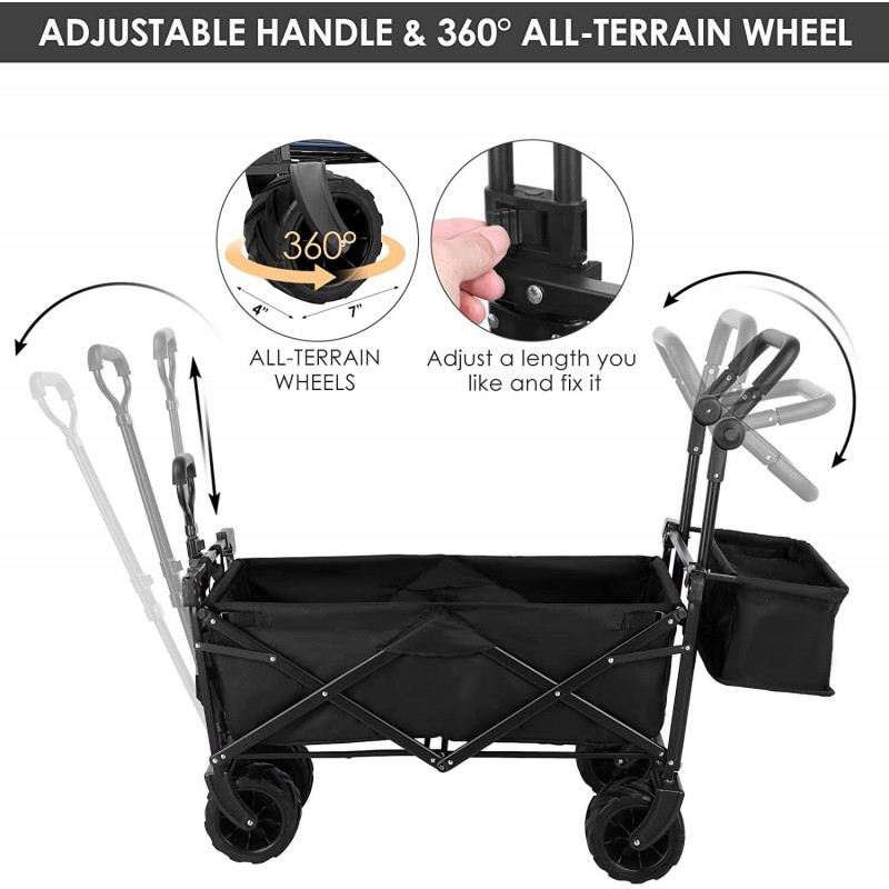 AthLike Collapsible Wagon Folding Garden Cart w/Removable Canopy, Heavy Duty Extra Large Portable Camping Beach Utilit Cart w/Adjustable Push Pull Handle, 7