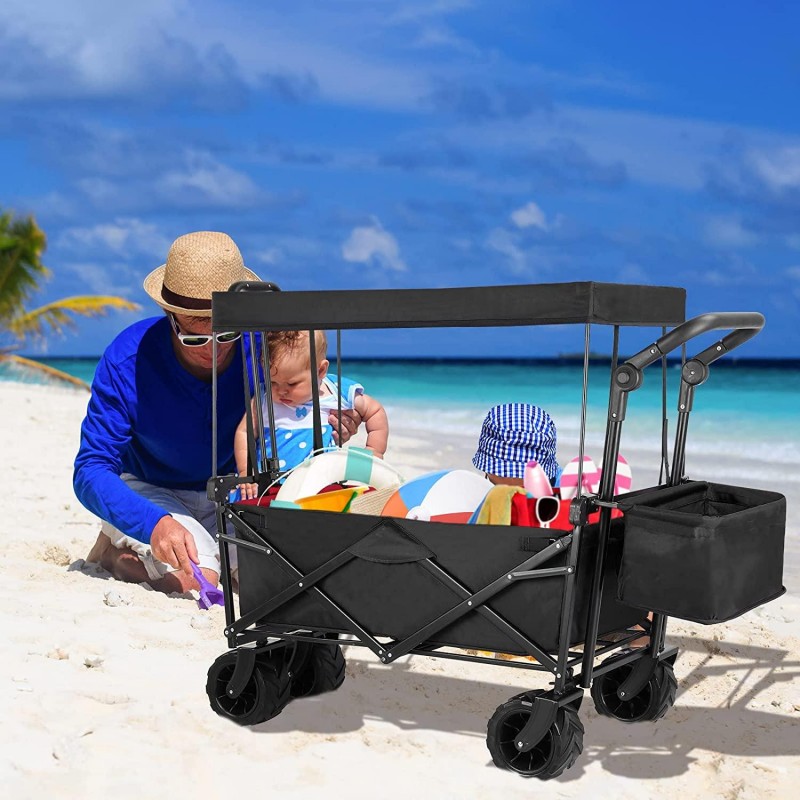 AthLike Collapsible Wagon Folding Garden Cart w/Removable Canopy, Heavy Duty Extra Large Portable Camping Beach Utilit Cart w/Adjustable Push Pull Handle, 7