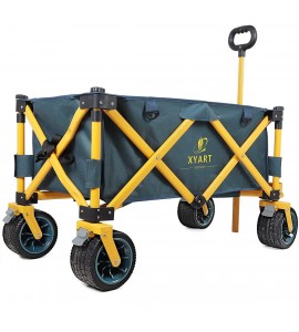 XYART Collapsible Wagon Cart Utility Folding Carts Heavy Duty for Outdoor Camping Beach Garden with Big Wheels Dark Green Yellow XL