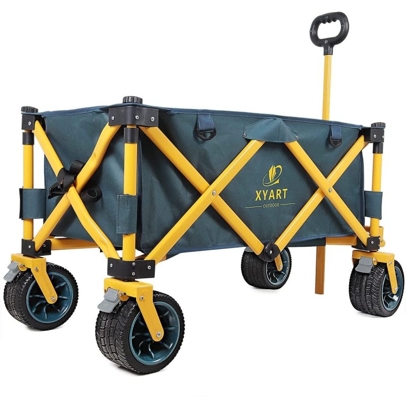 XYART Collapsible Wagon Cart Utility Folding Carts Heavy Duty for Outdoor Camping Beach Garden with Big Wheels Dark Green Yellow XL