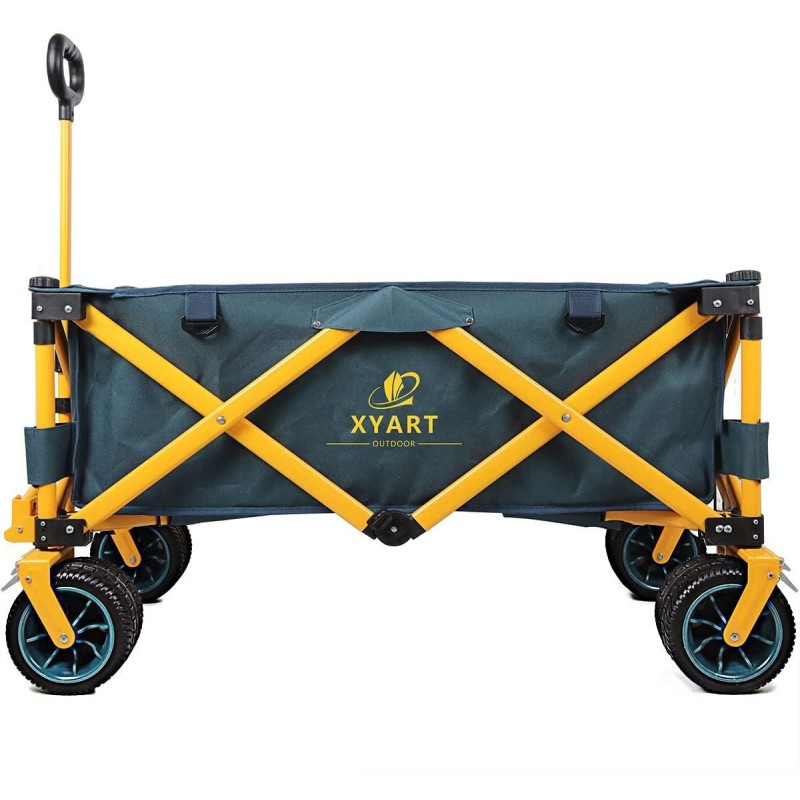 XYART Collapsible Wagon Cart Utility Folding Carts Heavy Duty for Outdoor Camping Beach Garden with Big Wheels Dark Green Yellow XL