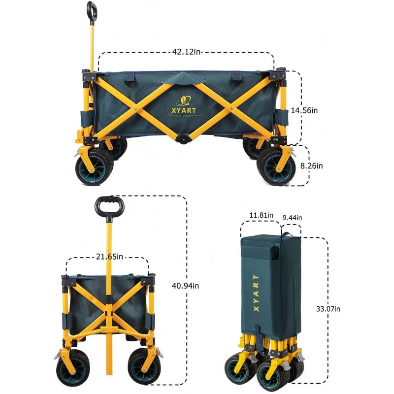 XYART Collapsible Wagon Cart Utility Folding Carts Heavy Duty for Outdoor Camping Beach Garden with Big Wheels Dark Green Yellow XL