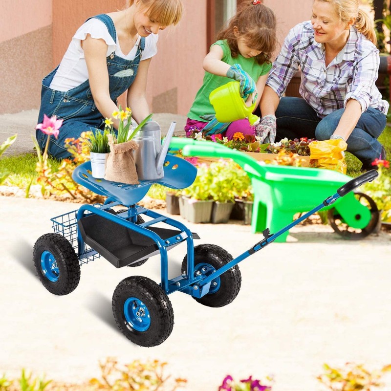 Garden Cart Rolling Scooter with Extendable Steer Handle Heavy Duty Scooter Gardening Planting