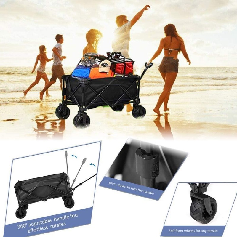 JOVNO Multipurpose Large Capacity Collapsible Wagon Cart Heavy Duty Beach Wagons with Big Wheels for Sand, Folding Utility Wagon Beach Cart for Garden, Outdoor, Camping and Picnic (Black)