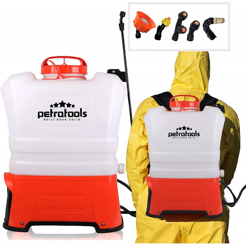 PetraTools 4 Gallon Tank Backpack Sprayer - Professional Electric Battery Powered Backpack Sprayer - HD4050 for Lawn and Garden, Weeds, Fertilizer - Multiple Nozzles