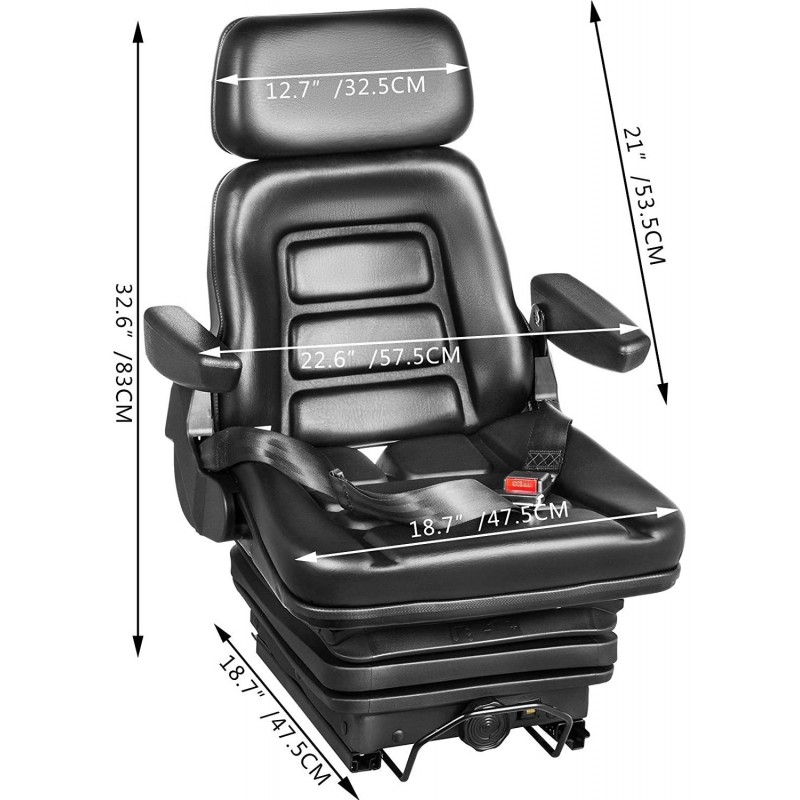 VEVOR Universal Tractor Suspension Seat, 35-170° Backrest Angle Adjustable Air Ride Seat Replacement w/ Seat Belt & Safety Switch, Compatible with Forklift/Van/Mower, Black Vinyl