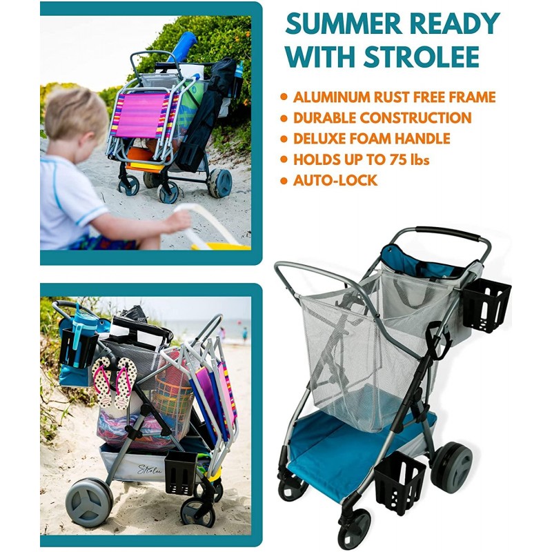 Strolee Beach Compact Folding Cart - All-Terrain Oversized Wheels for Sand and Outdoors - Extra-Large Storage Capacity - Rust Free Aluminum Frame - Pearl Blue