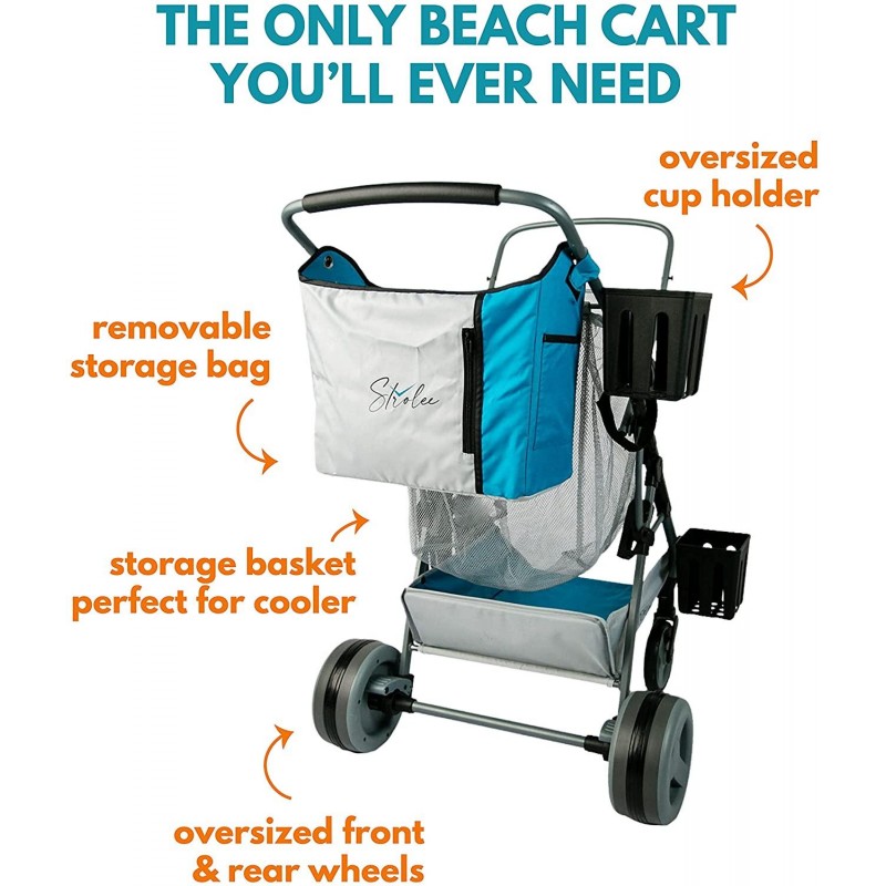 Strolee Beach Compact Folding Cart - All-Terrain Oversized Wheels for Sand and Outdoors - Extra-Large Storage Capacity - Rust Free Aluminum Frame - Pearl Blue