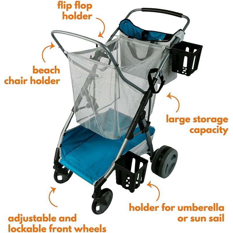 Strolee Beach Compact Folding Cart - All-Terrain Oversized Wheels for Sand and Outdoors - Extra-Large Storage Capacity - Rust Free Aluminum Frame - Pearl Blue