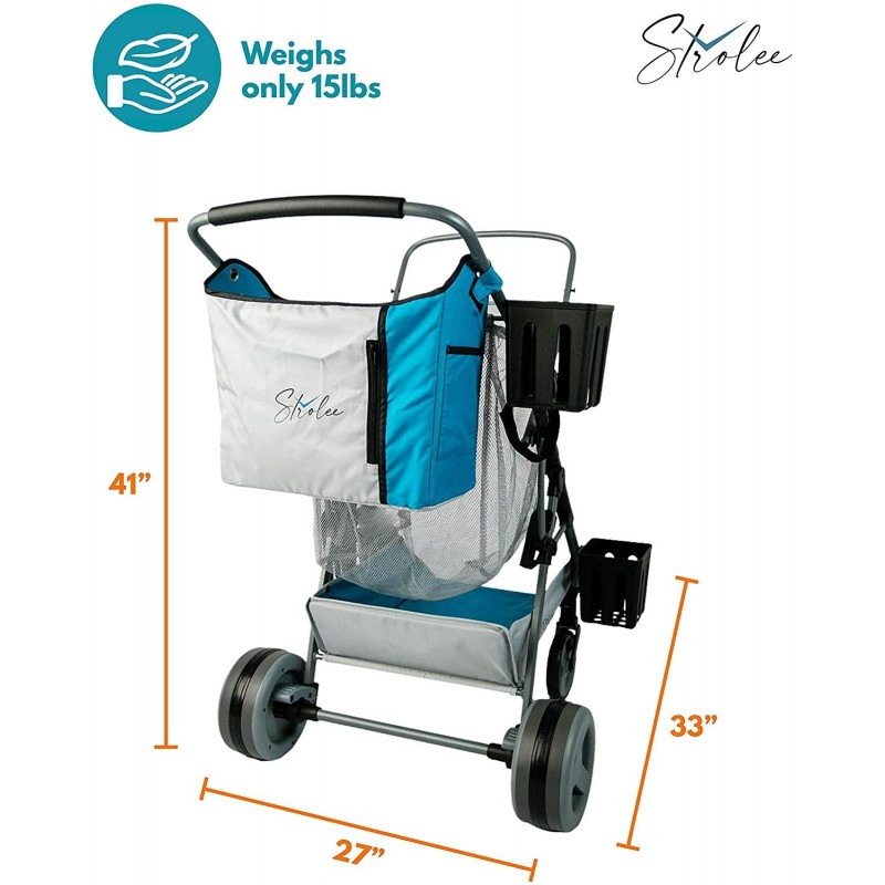 Strolee Beach Compact Folding Cart - All-Terrain Oversized Wheels for Sand and Outdoors - Extra-Large Storage Capacity - Rust Free Aluminum Frame - Pearl Blue