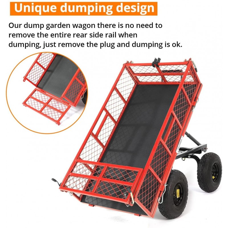 Yardsam Heavy Duty Steel Dump Garden Cart, Utility Outdoor Lawn Dump Wagon 400Lbs Capacity with Removable Sides, 10 Inch Pneumatic Wheels, Plastic Mat and 600D PVC Wagon Liner (Red)