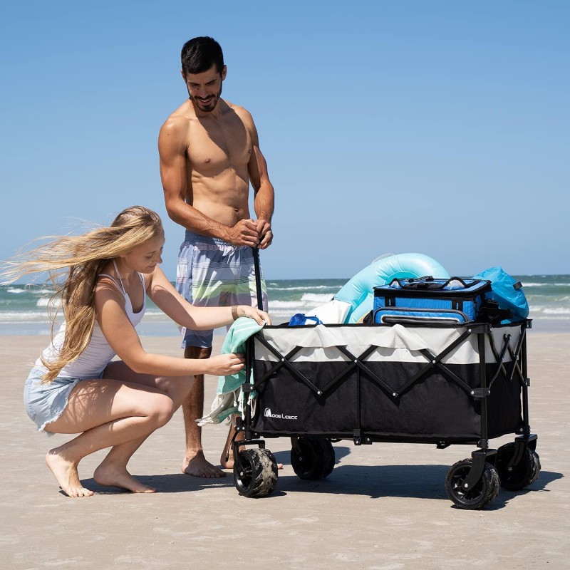 Moon Lence Collapsible Outdoor Utility Wagon Heavy Duty Folding Garden Portable Hand Cart with All-Terrain Beach Wheels, Adjustable Handle & Drink Holders