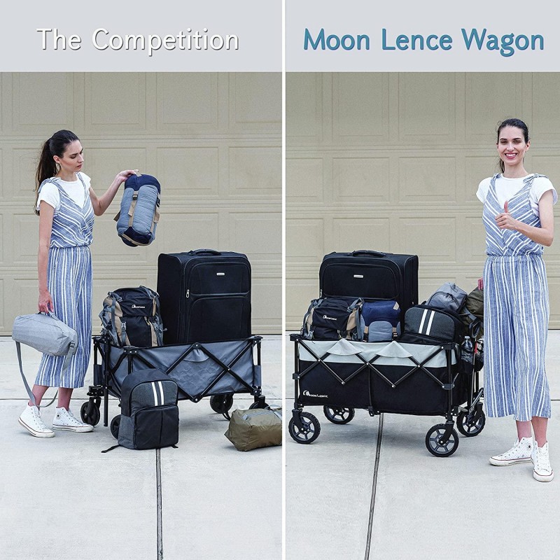 Moon Lence Collapsible Outdoor Utility Wagon Heavy Duty Folding Garden Portable Hand Cart with All-Terrain Beach Wheels, Adjustable Handle & Drink Holders