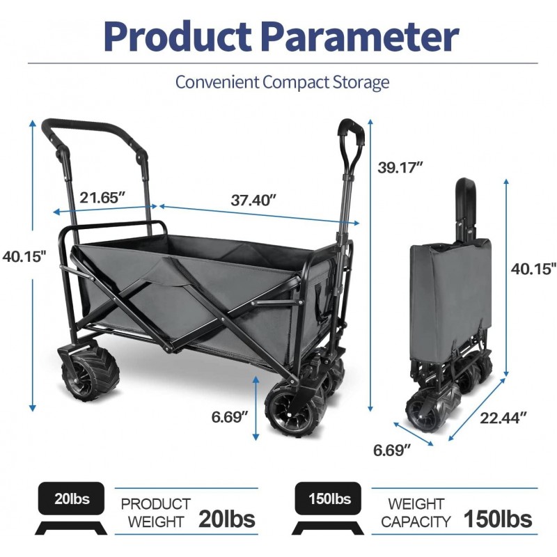 Patio Watcher Collapsible Folding Utility Push Pull Wagon Cart Outdoor Garden Wagon Beach Cart Camping Shopping Sports Portable Wagon with All Terrain Wheels Large Capacity Heavy Duty, Gray