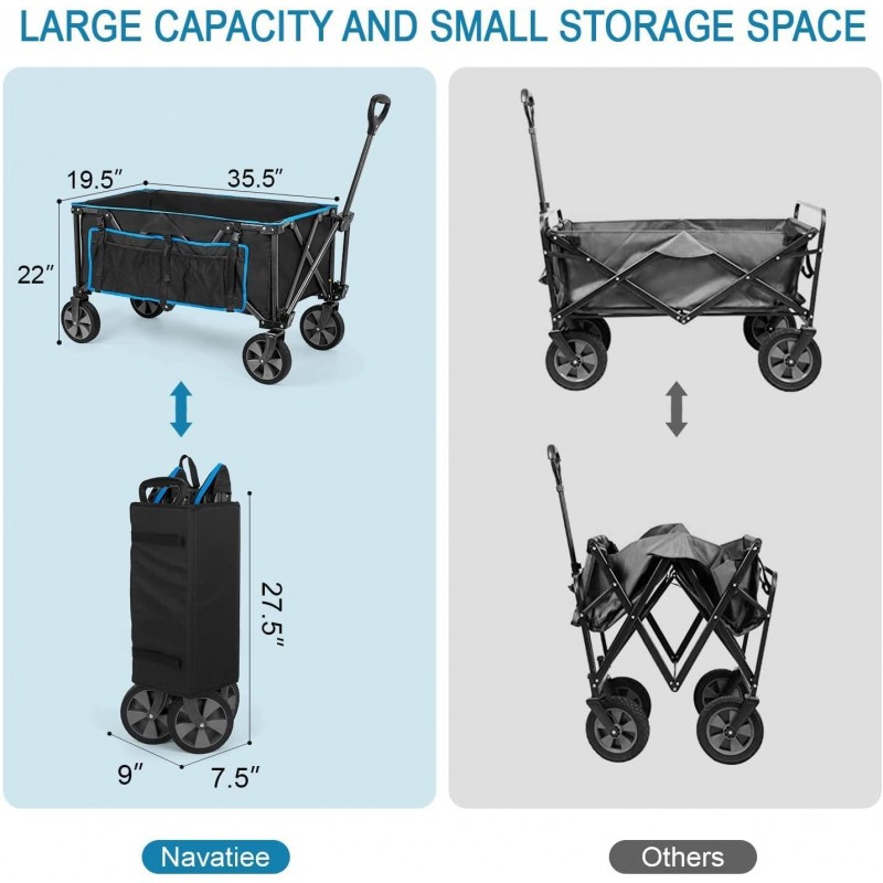 Navatiee Collapsible Folding Wagon, Heavy Duty Utility Beach Wagon Cart with Removable Wheels, Large Capacity Foldable Grocery Wagon for Garden Outdoor Use, S1