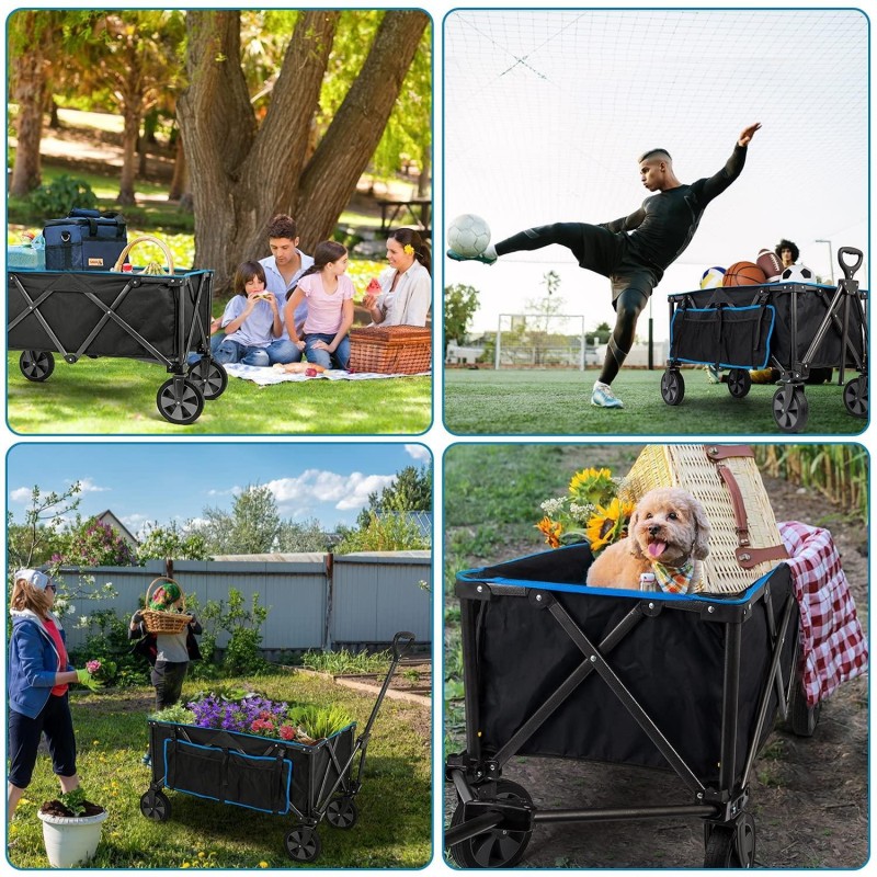 Navatiee Collapsible Folding Wagon, Heavy Duty Utility Beach Wagon Cart with Removable Wheels, Large Capacity Foldable Grocery Wagon for Garden Outdoor Use, S1