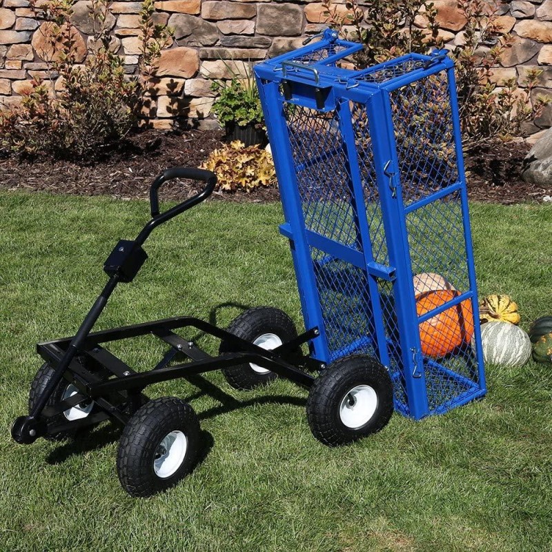 Sunnydaze Utility Steel Dump Garden Cart, Outdoor Lawn Wagon with Removable Sides, Heavy-Duty 660 Pound Capacity, Blue