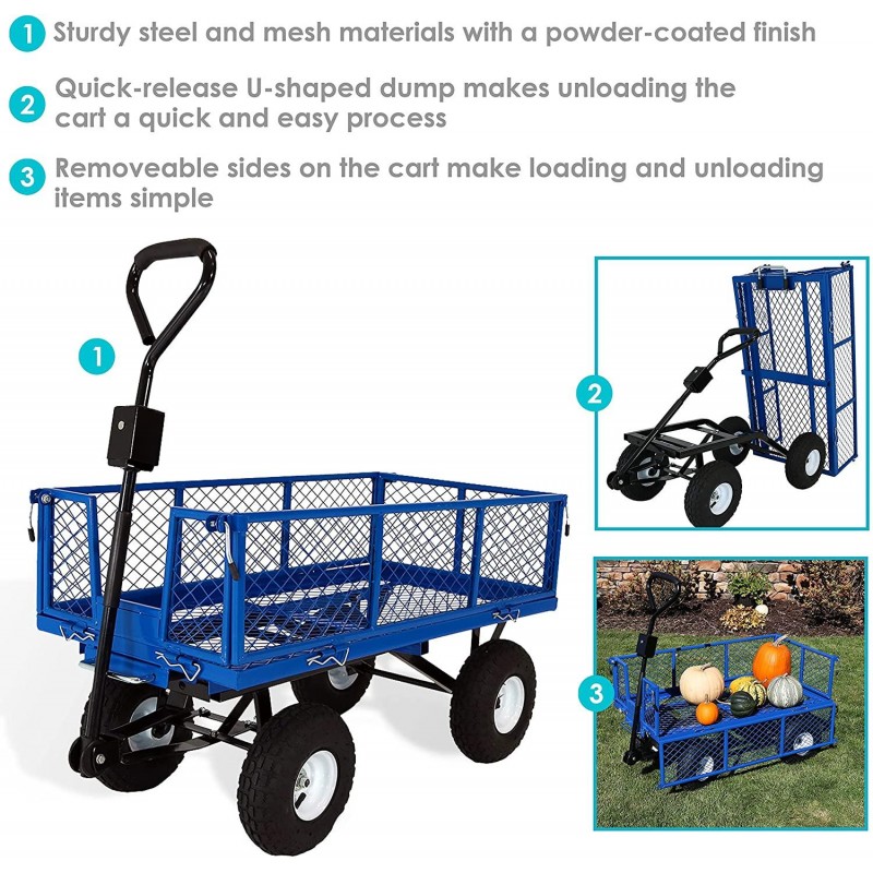 Sunnydaze Utility Steel Dump Garden Cart, Outdoor Lawn Wagon with Removable Sides, Heavy-Duty 660 Pound Capacity, Blue