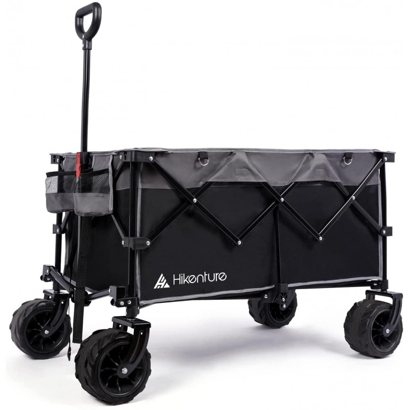 Hikenture Collapsible Wagon with Big Wheels, Enlarged Capacity Beach Wagon for Sand, Heavy Duty Folding Wagon Cart with 2 Drink Holders, Portable Utility Foldable Garden Cart for Outdoor, Camping