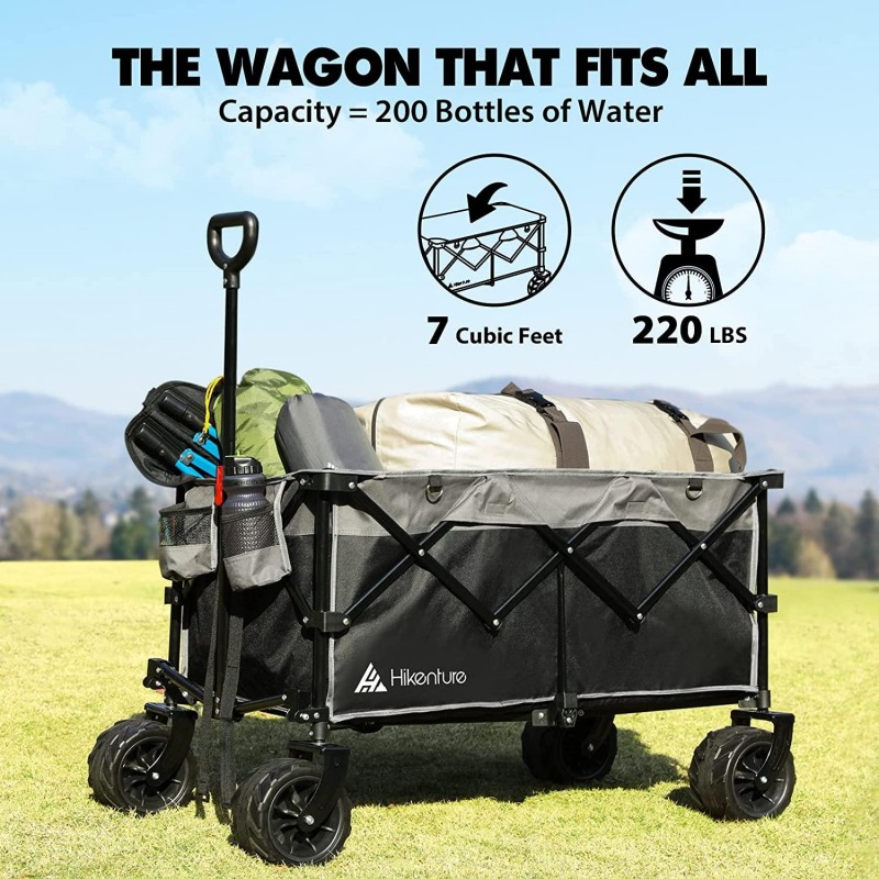 Hikenture Collapsible Wagon with Big Wheels, Enlarged Capacity Beach Wagon for Sand, Heavy Duty Folding Wagon Cart with 2 Drink Holders, Portable Utility Foldable Garden Cart for Outdoor, Camping