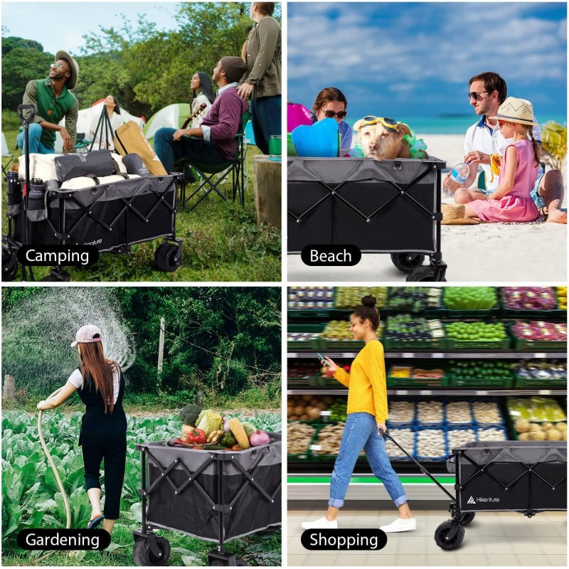 Hikenture Collapsible Wagon with Big Wheels, Enlarged Capacity Beach Wagon for Sand, Heavy Duty Folding Wagon Cart with 2 Drink Holders, Portable Utility Foldable Garden Cart for Outdoor, Camping