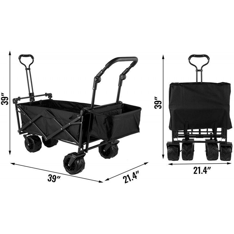 Happbuy Extra Large Collapsible Garden Cart with Removable Canopy, Folding Wagon Utility Carts with Wheels and Rear Storage, Wagon Cart for Garden, Camping, Grocery Cart, Shopping Cart, Black