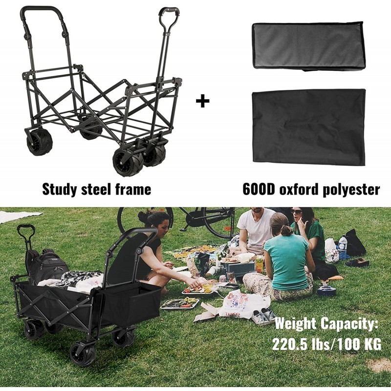 Happbuy Extra Large Collapsible Garden Cart with Removable Canopy, Folding Wagon Utility Carts with Wheels and Rear Storage, Wagon Cart for Garden, Camping, Grocery Cart, Shopping Cart, Black