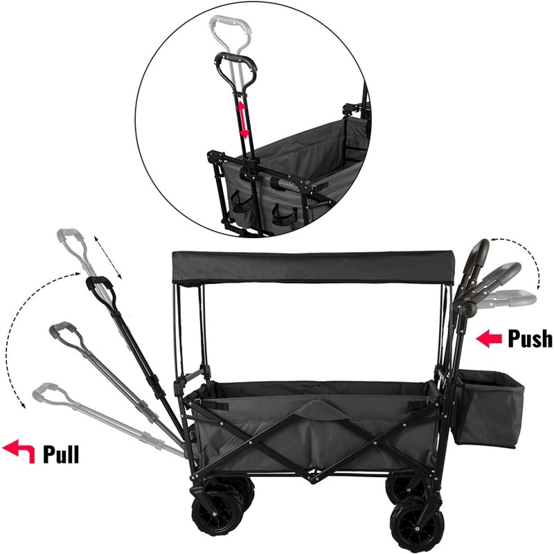 Happbuy Extra Large Collapsible Garden Cart with Removable Canopy, Folding Wagon Utility Carts with Wheels and Rear Storage, Wagon Cart for Garden, Camping, Grocery Cart, Shopping Cart, Black